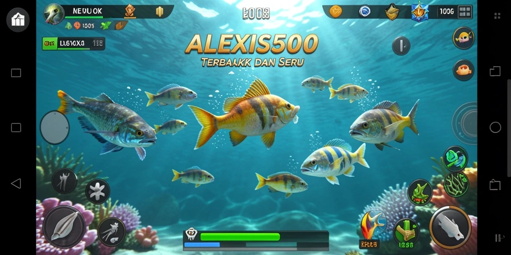 Screenshot gameplay ALEXIS500 menampilkan aksi tangkap ikan di lautan.