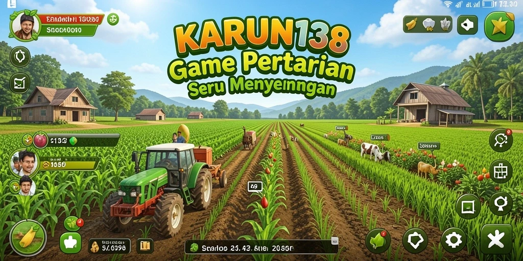 Tampilan gameplay <strong>KARUN138</strong> menunjukkan lahan pertanian yang indah dan kehidupan hewan ternak.
