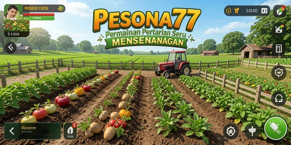 Screenshot utama PESONA77 menunjukkan gameplay merawat ladang dengan tanaman subur.