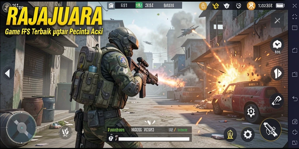 Screenshot gameplay RAJAJUARA menunjukkan pertempuran intens di lingkungan yang realistis.