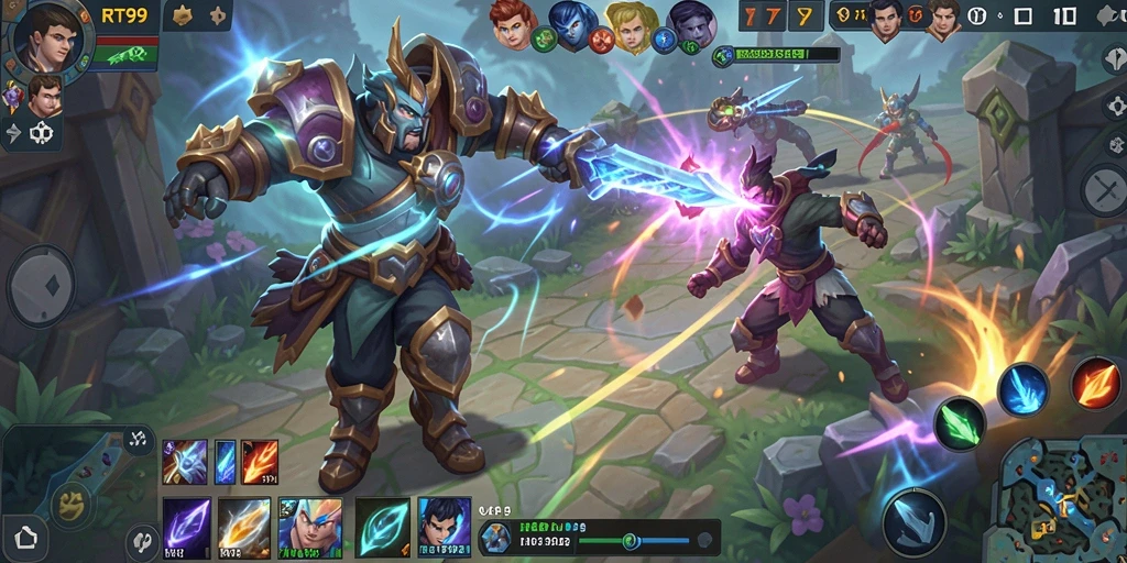 Menampilkan gameplay seru karakter dalam RT99 di arena pertempuran MOBA.