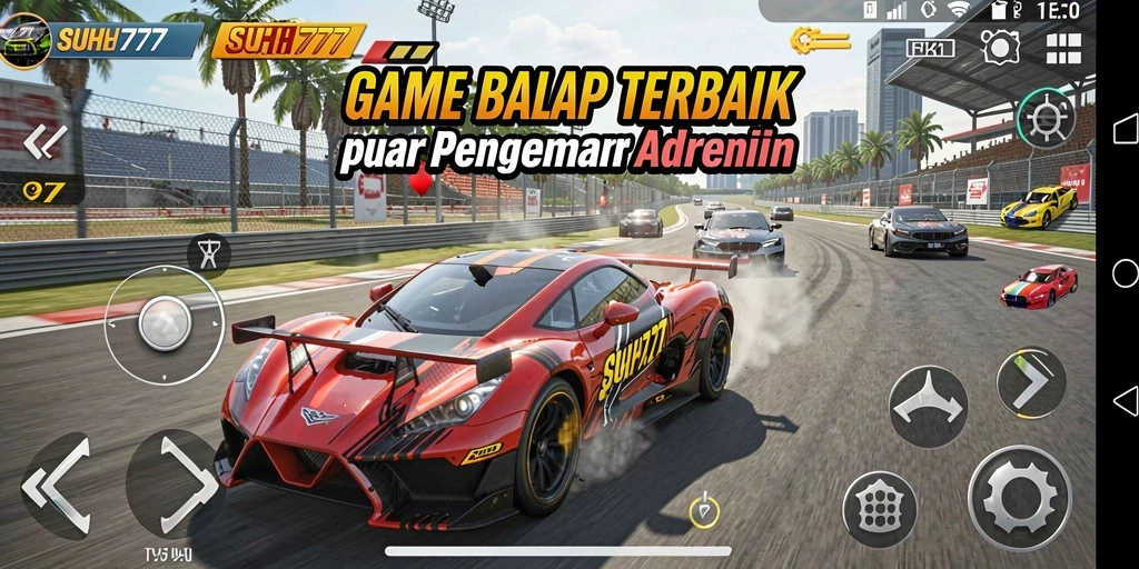 Tangkapan layar gameplay SUHU777 menampilkan mobil balap di lintasan yang menantang.